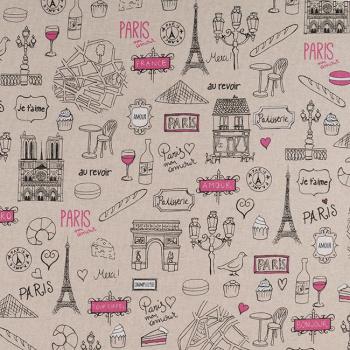 Dekostoff Halbpanama mit Paris, Eiffelturm in Natur/Pink, Nahaufnahme der Oberfläche